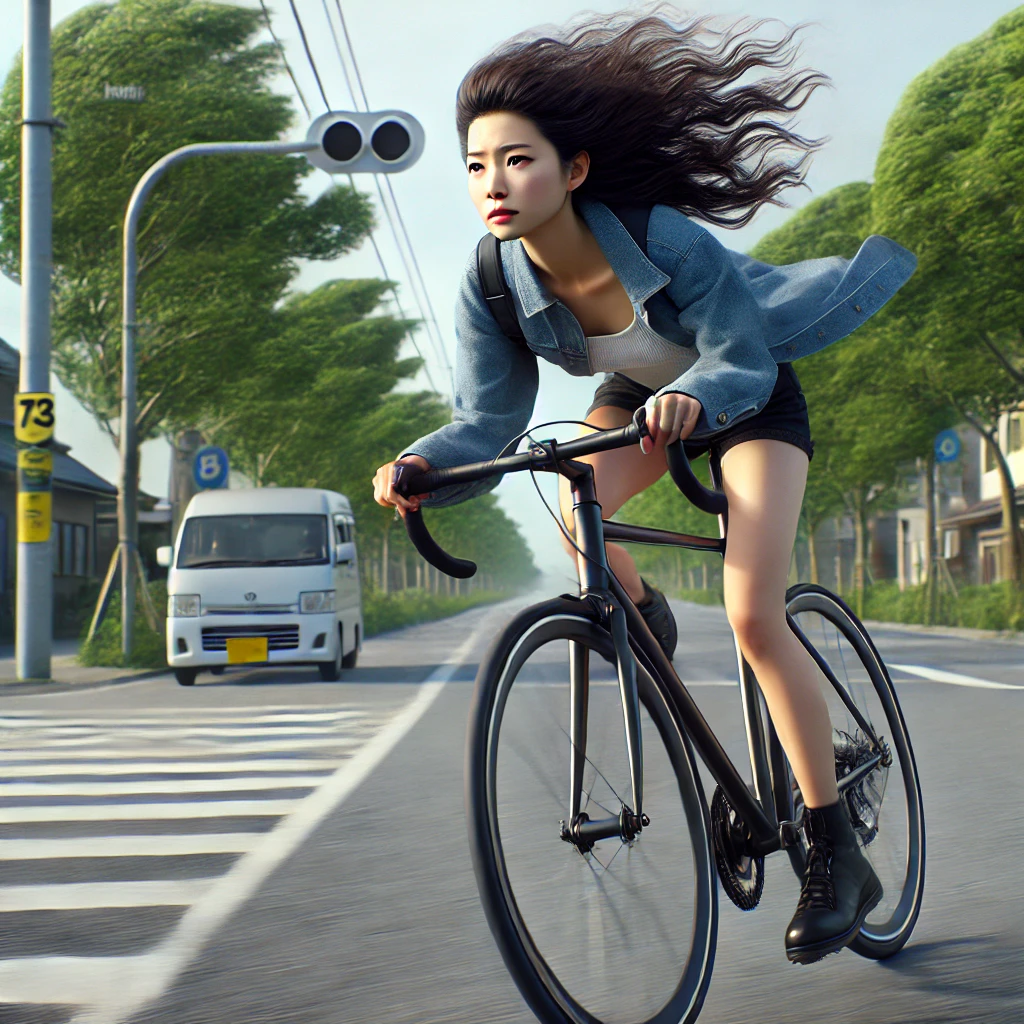 横風で風速7m自転車が煽られる