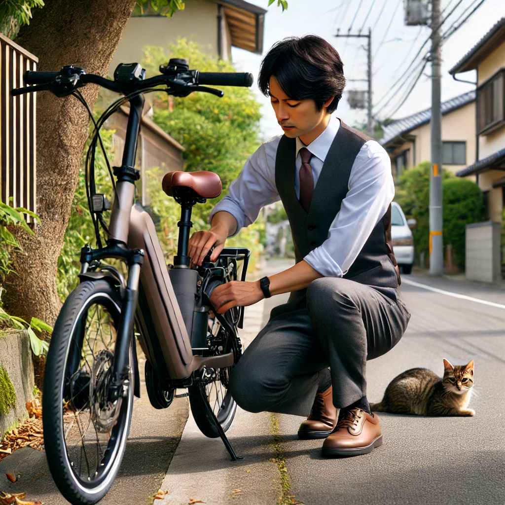 「住宅街で自転車のサドルを調整する男性」
