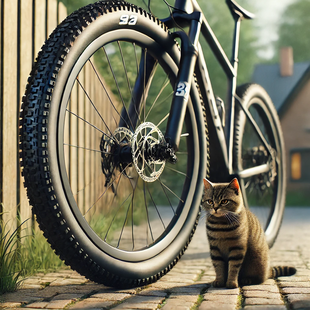 「屋外で空気圧を整えたタイヤと子猫」