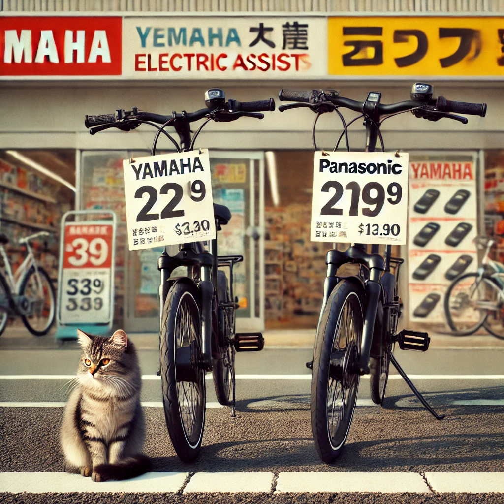 「ディスカウント店前に並ぶ電動自転車と値札」