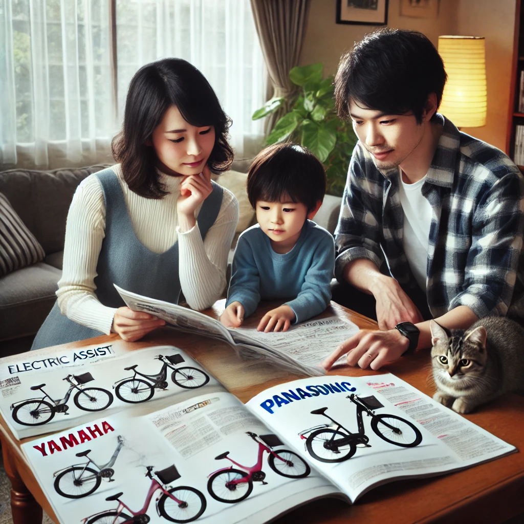 「リビングで自転車カタログを比較する家族」