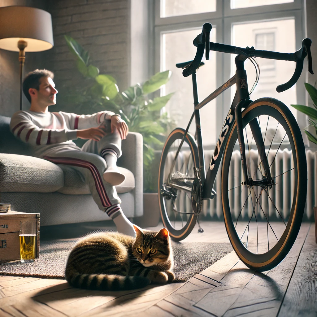 「室内で休憩するサイクリストと寄り添う子猫」