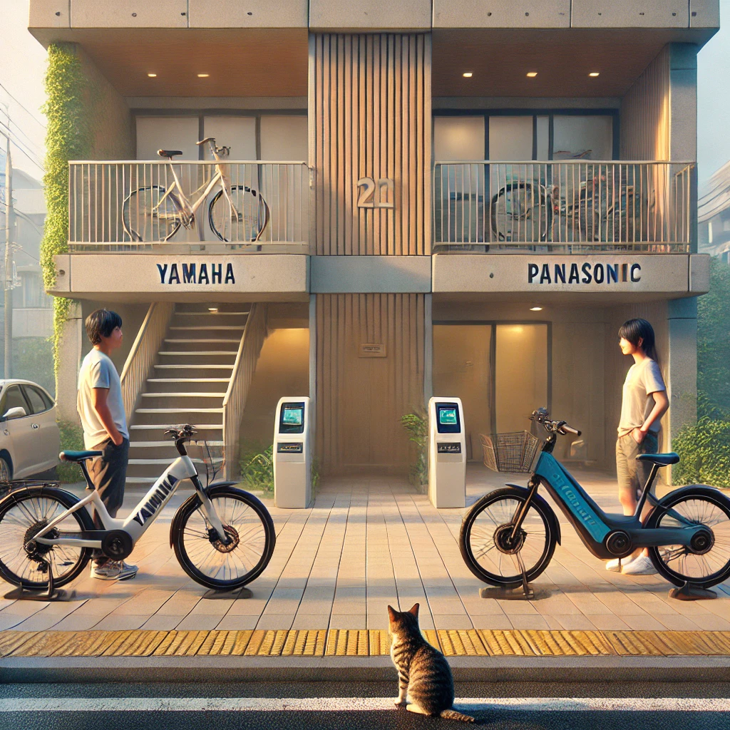 「アパート前に並ぶ2台の電動自転車と見比べる夫婦」