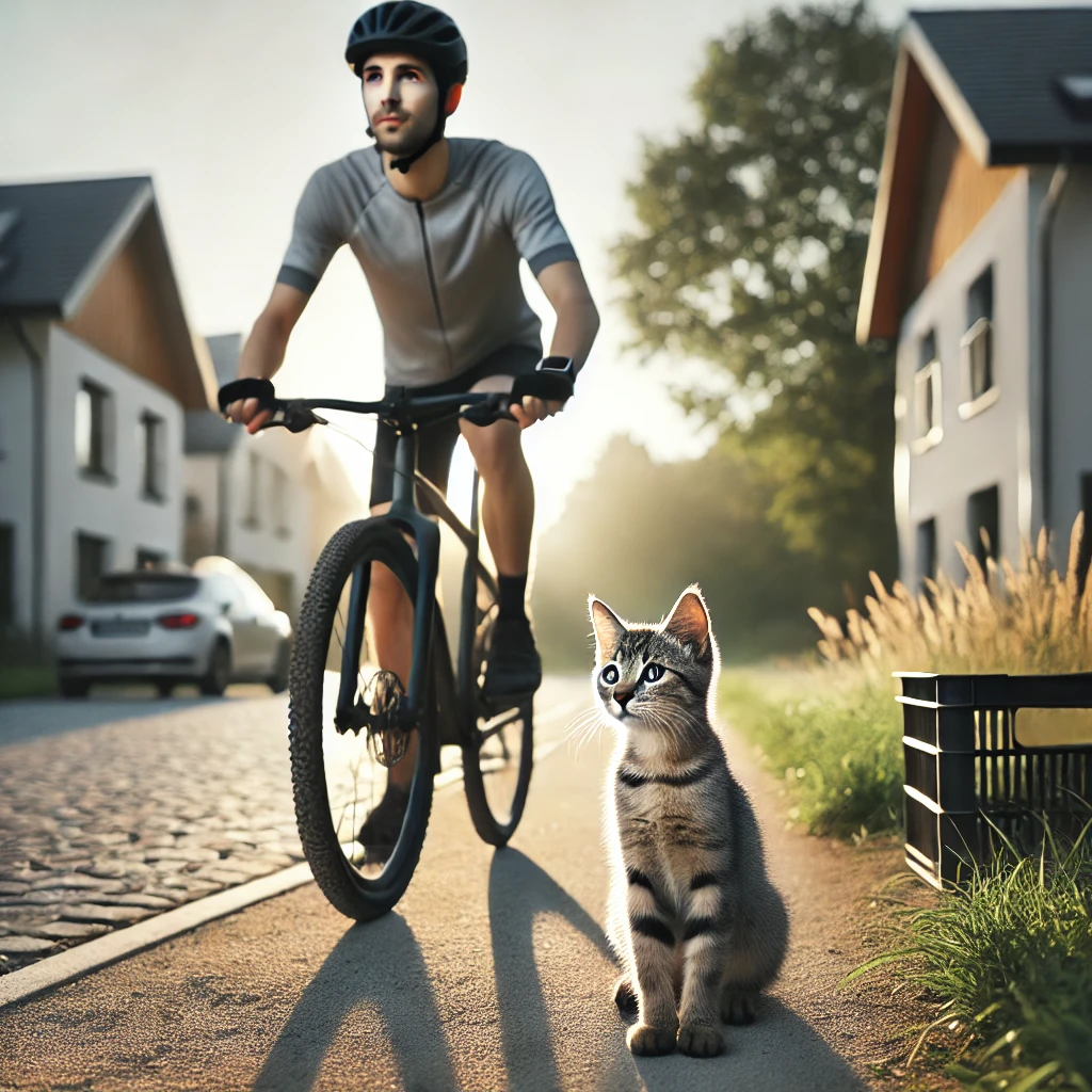 「朝の坂道で自転車を漕ぐ若者と子猫」