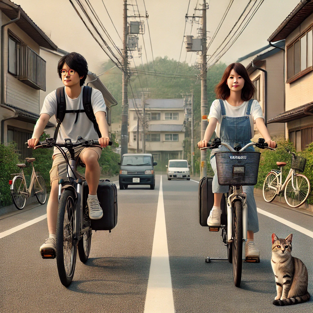 「住宅街で電動自転車を試乗する男女」