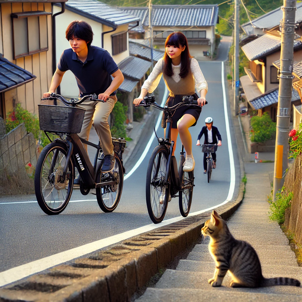 「坂道を登る電動自転車に乗る若い夫婦」