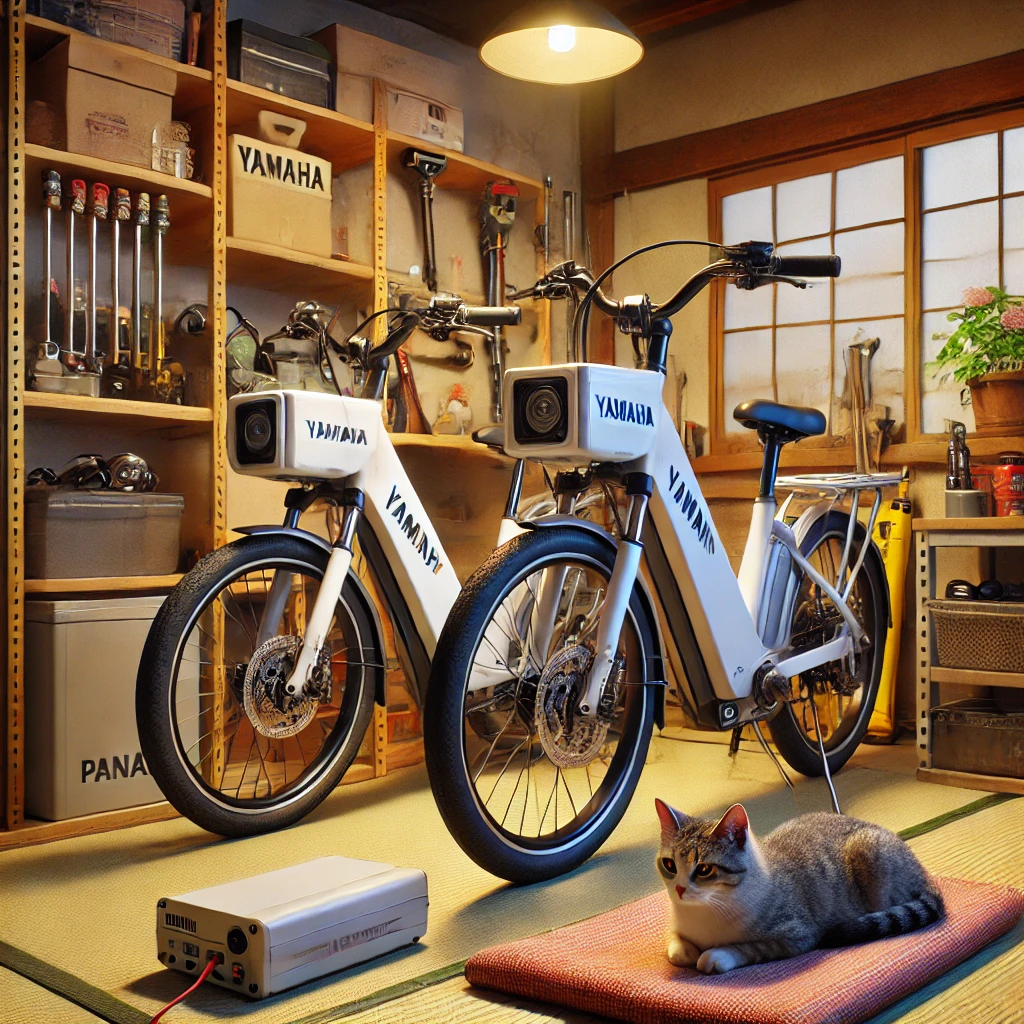 「ガレージ内で保管された電動自転車と工具」