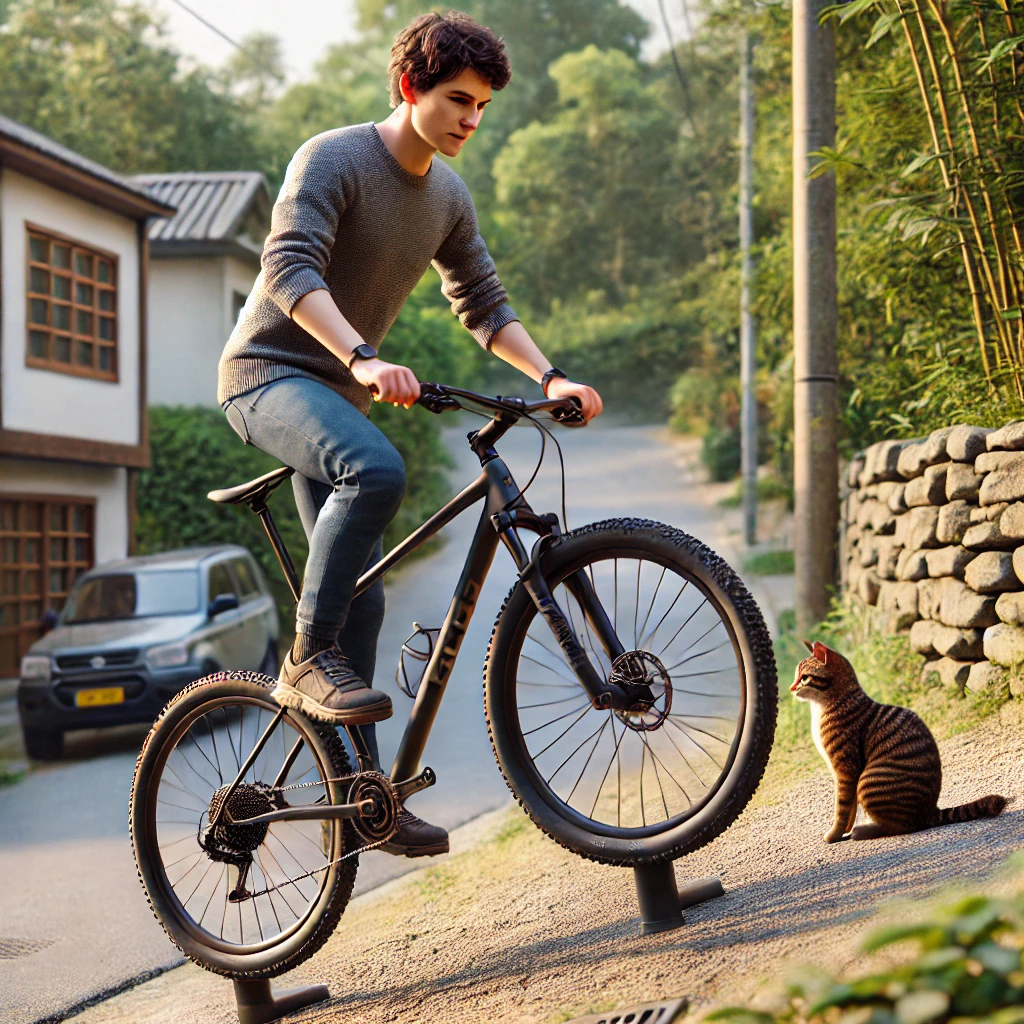 「坂道で立ち漕ぎする若者と子猫」