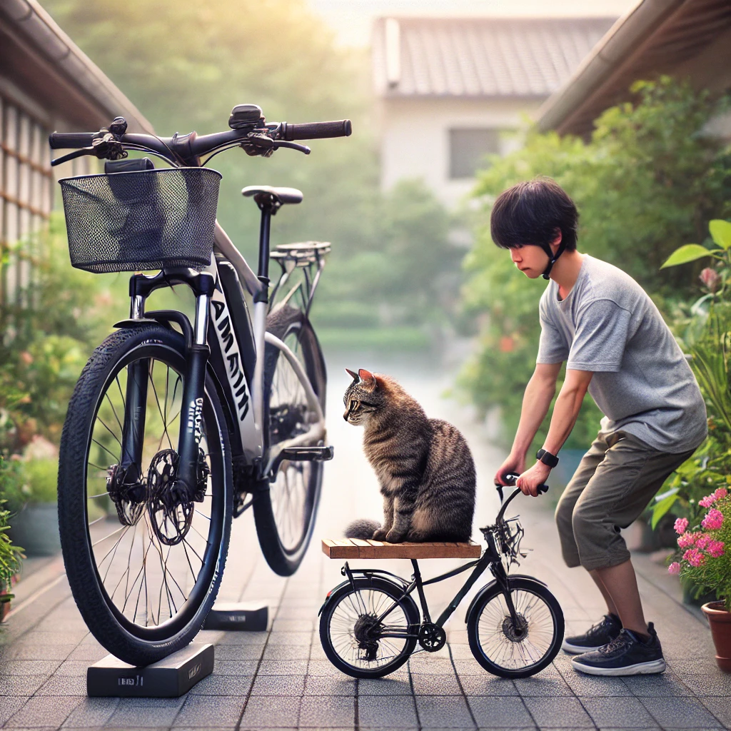 「住宅前で電動自転車を持ち上げる男性」