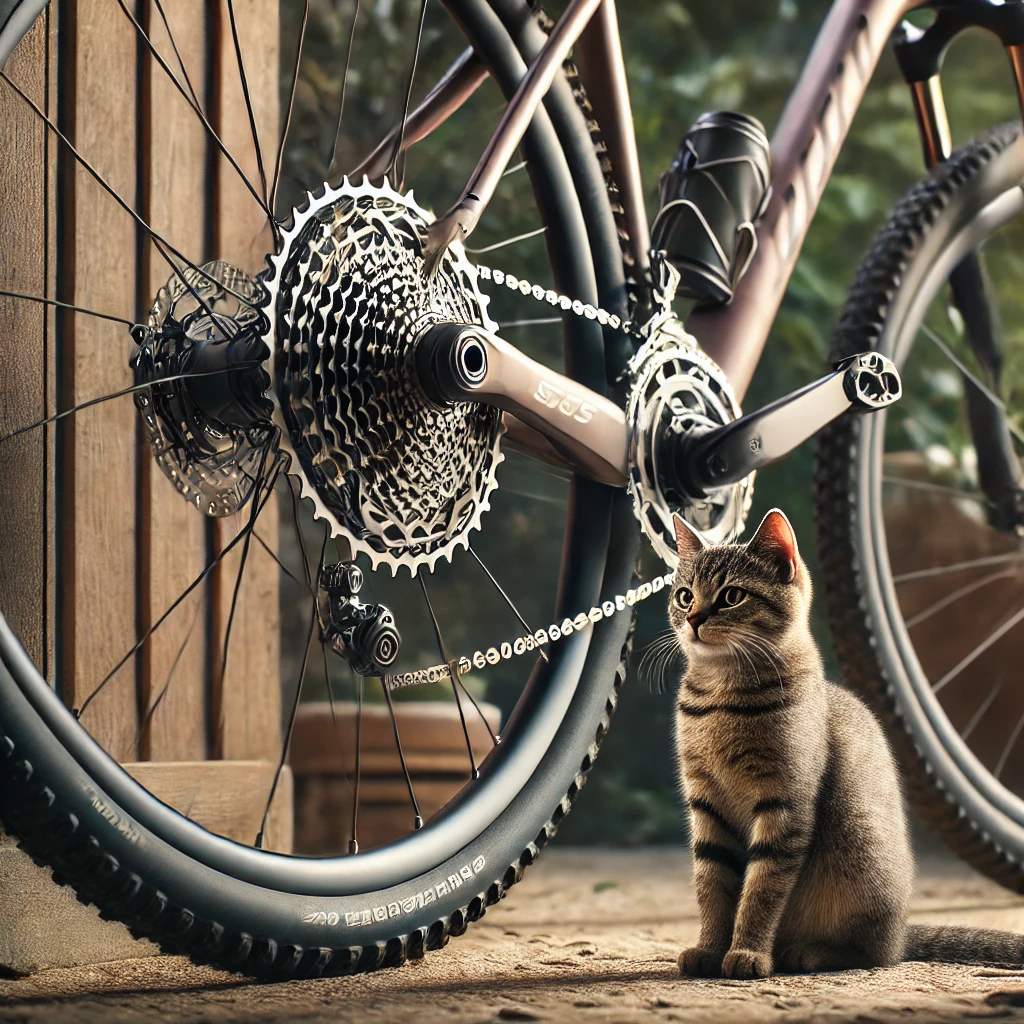 「屋外で軽いギア比の自転車と子猫」