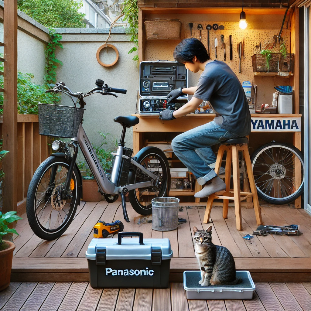 「屋外で自転車を整備する若い男性」