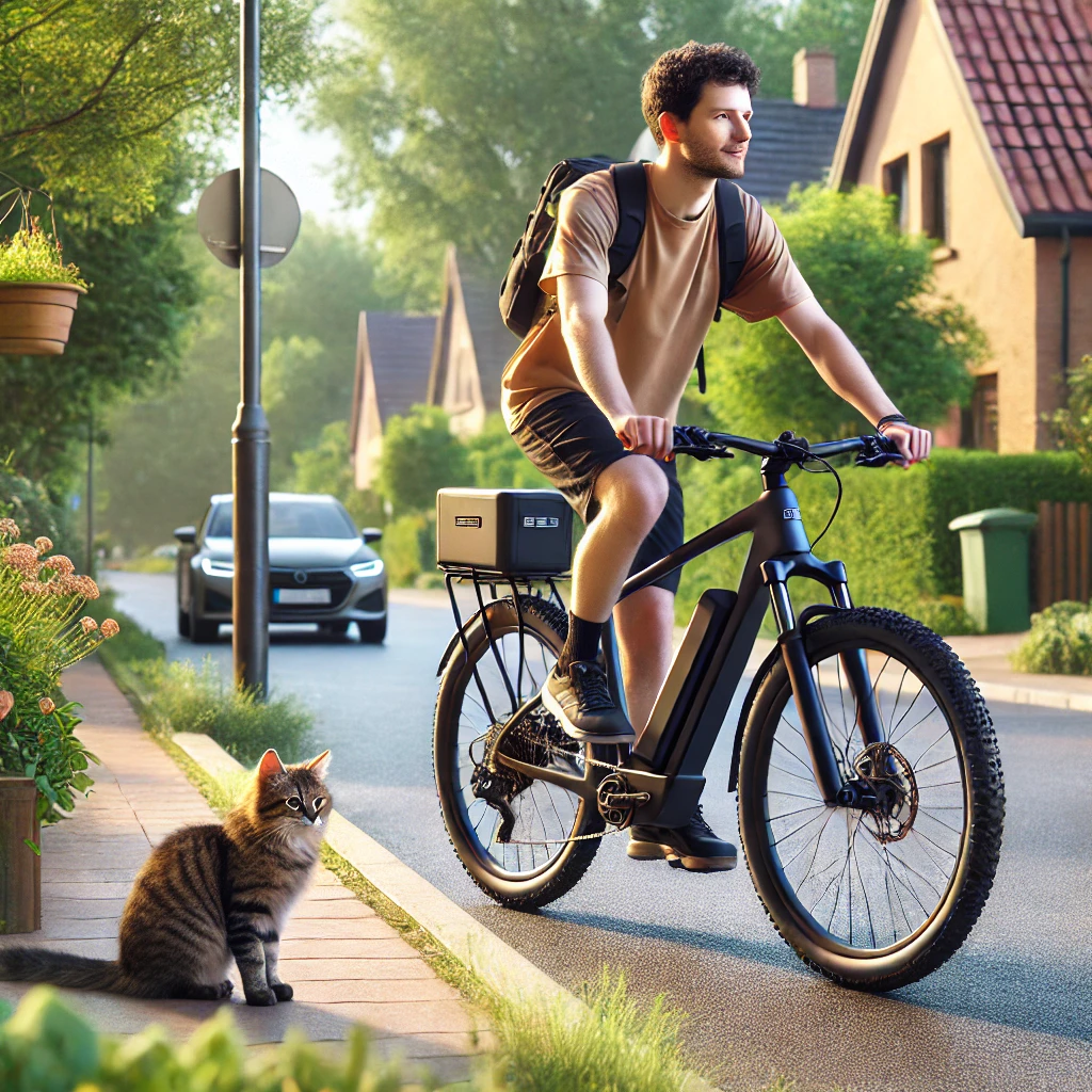 「電動アシスト自転車を試す若者と子猫」
