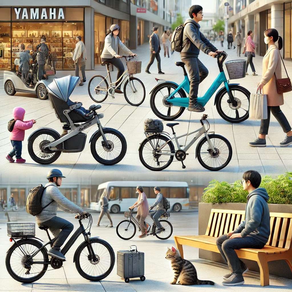 「広場で用途別に使われる電動自転車」