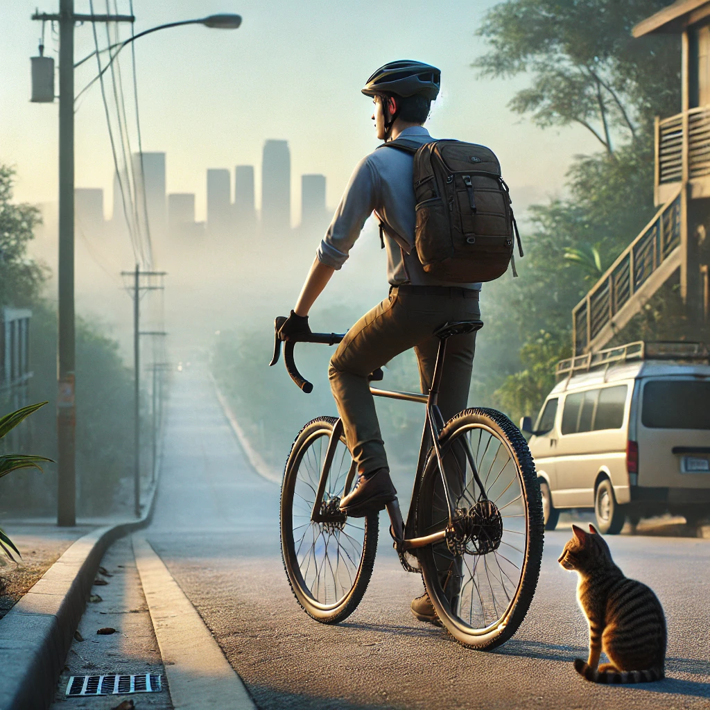 「朝の坂道を通勤する若者と子猫」
