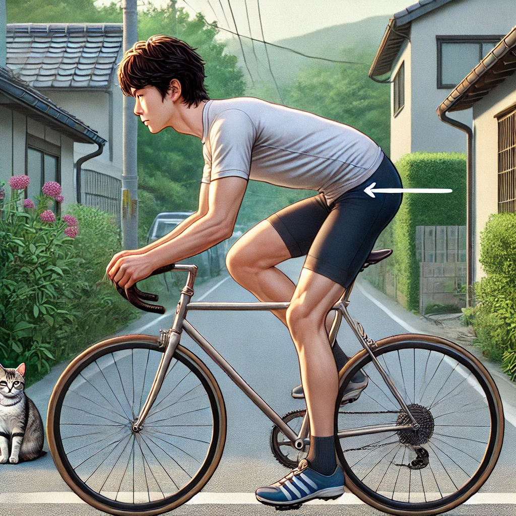 正しい前傾姿勢で自転車をこぐ男性と街角の子猫