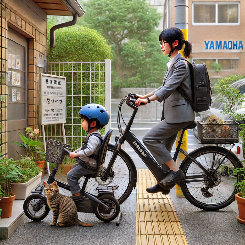 「保育園前に子供乗せ自転車を停める母子」