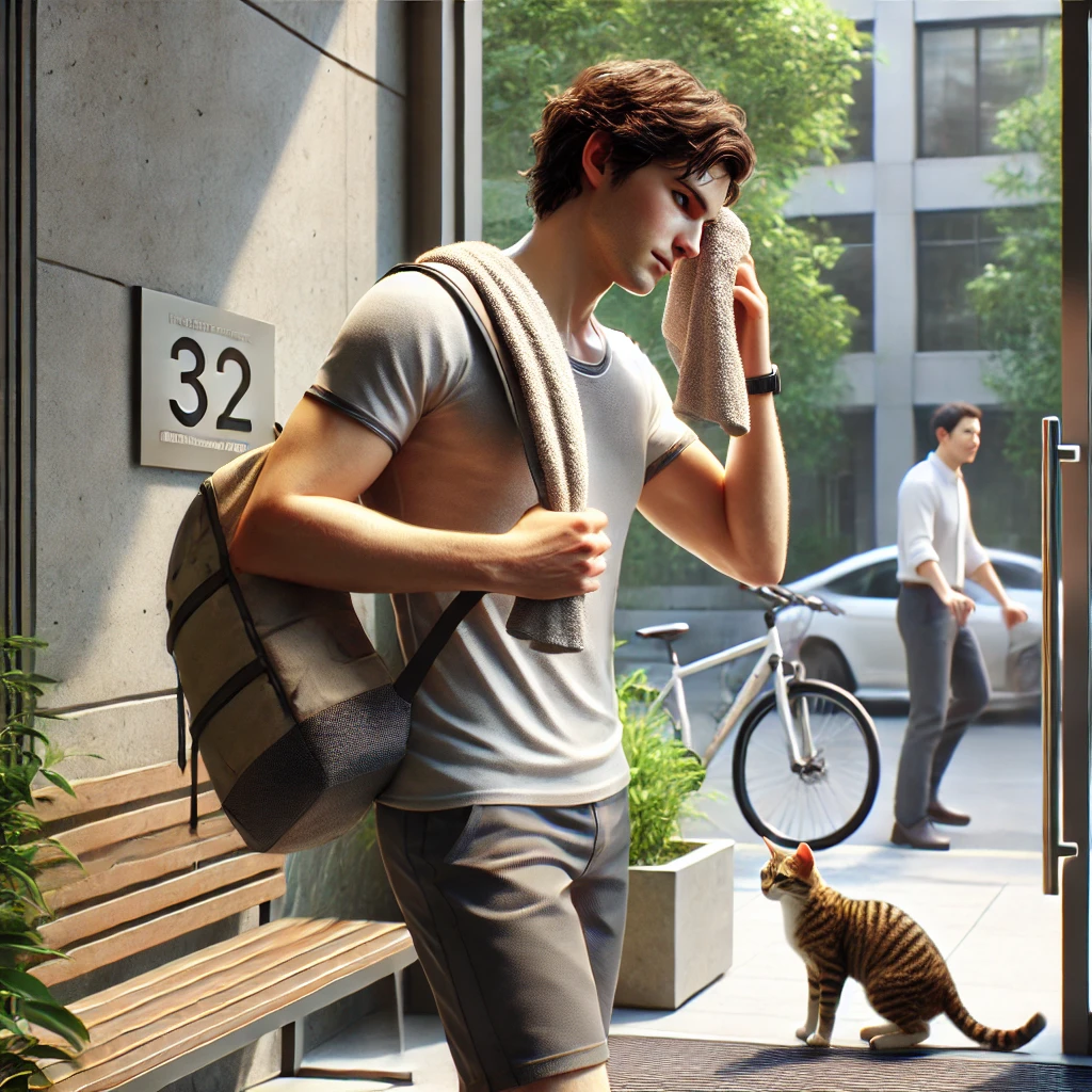 「建物前で汗を拭う通勤者と子猫」