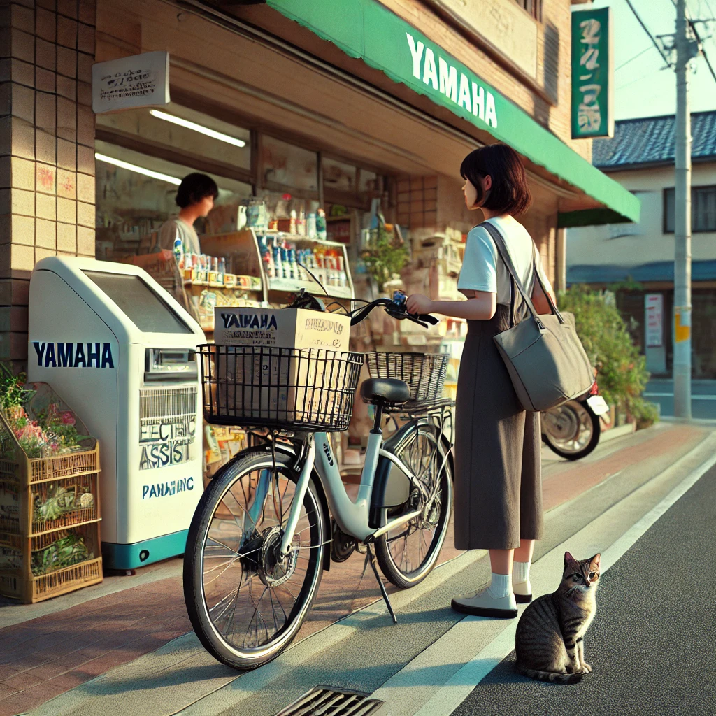 「スーパー前に買い物帰りの電動自転車を停める女性」