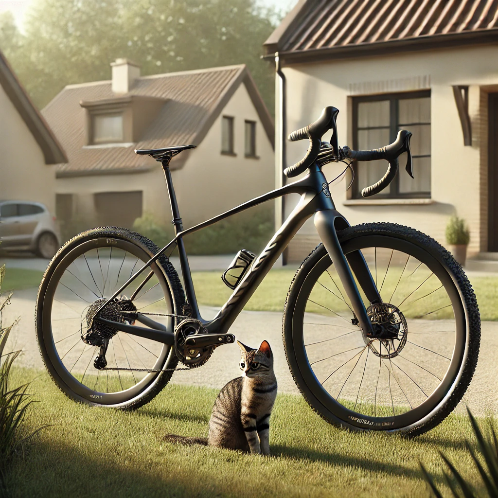 ：「軽量クロスバイクと芝生に座る子猫」