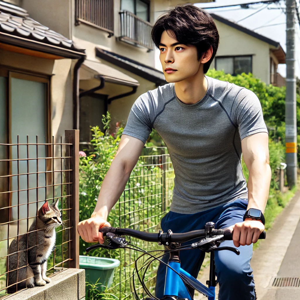 静かな街で男性がクロスバイクを走らせる様子