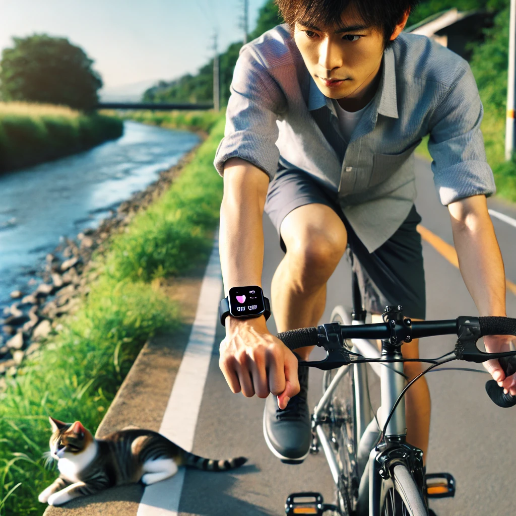 静かな道を一定のペースで走る男性と腕時計