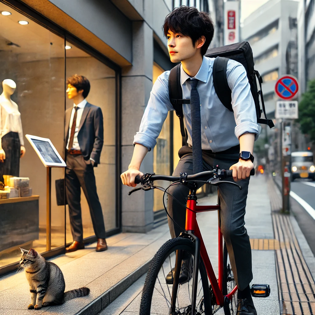 通勤途中に街を走る男性の朝の様子