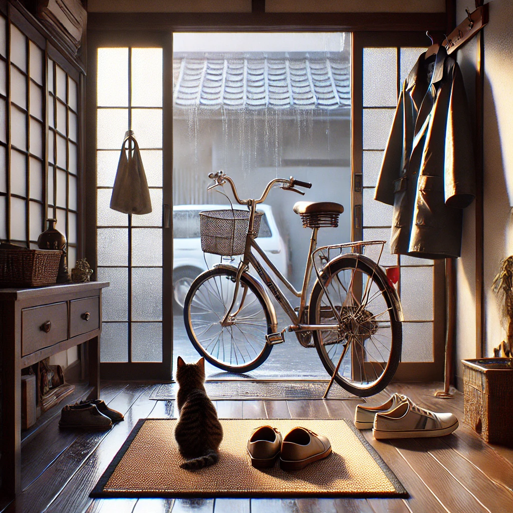 濡れた自転車と玄関マットで休む子猫