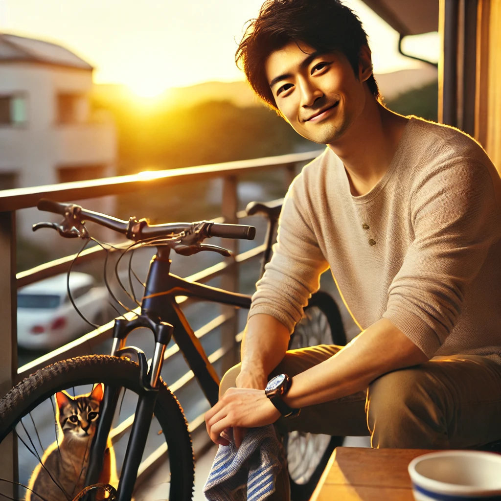 夕暮れのベランダで自転車を手入れする男性