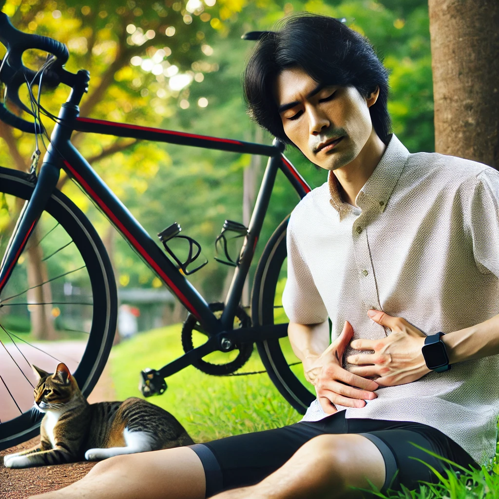 自転車の横でお腹を気にする男性