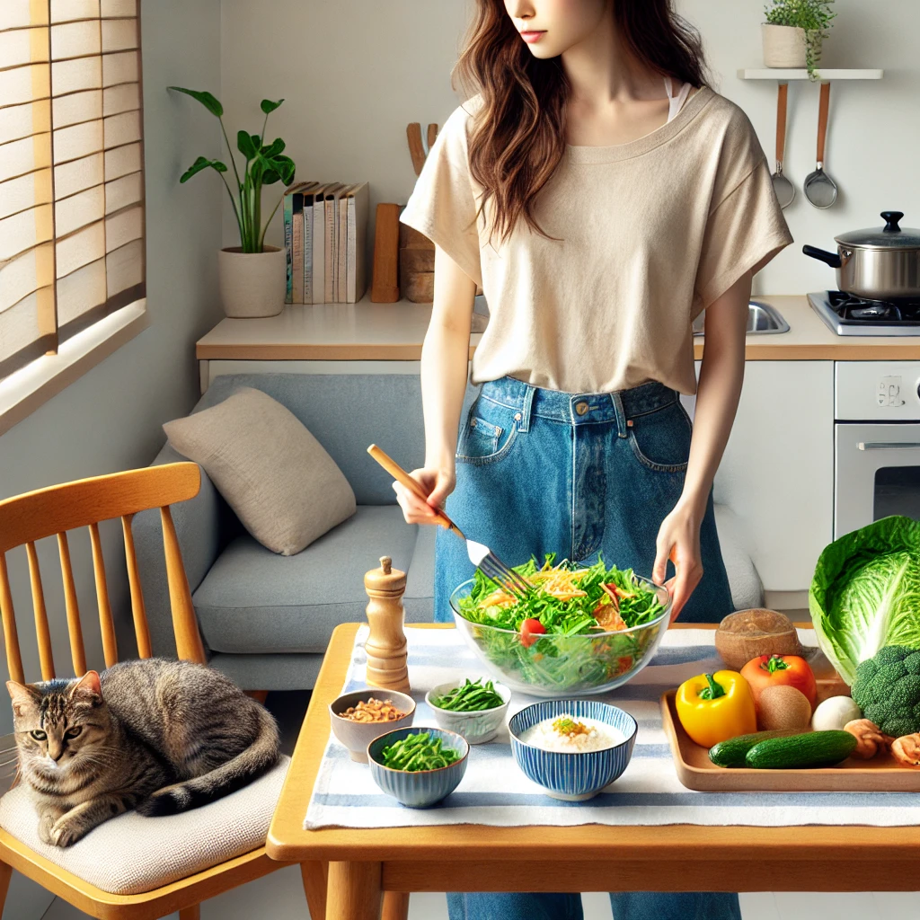 明るいキッチンでサラダを作る女性の手元