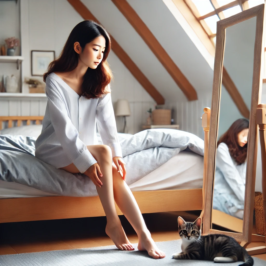 鏡の前で脚をチェックする若い女性の姿