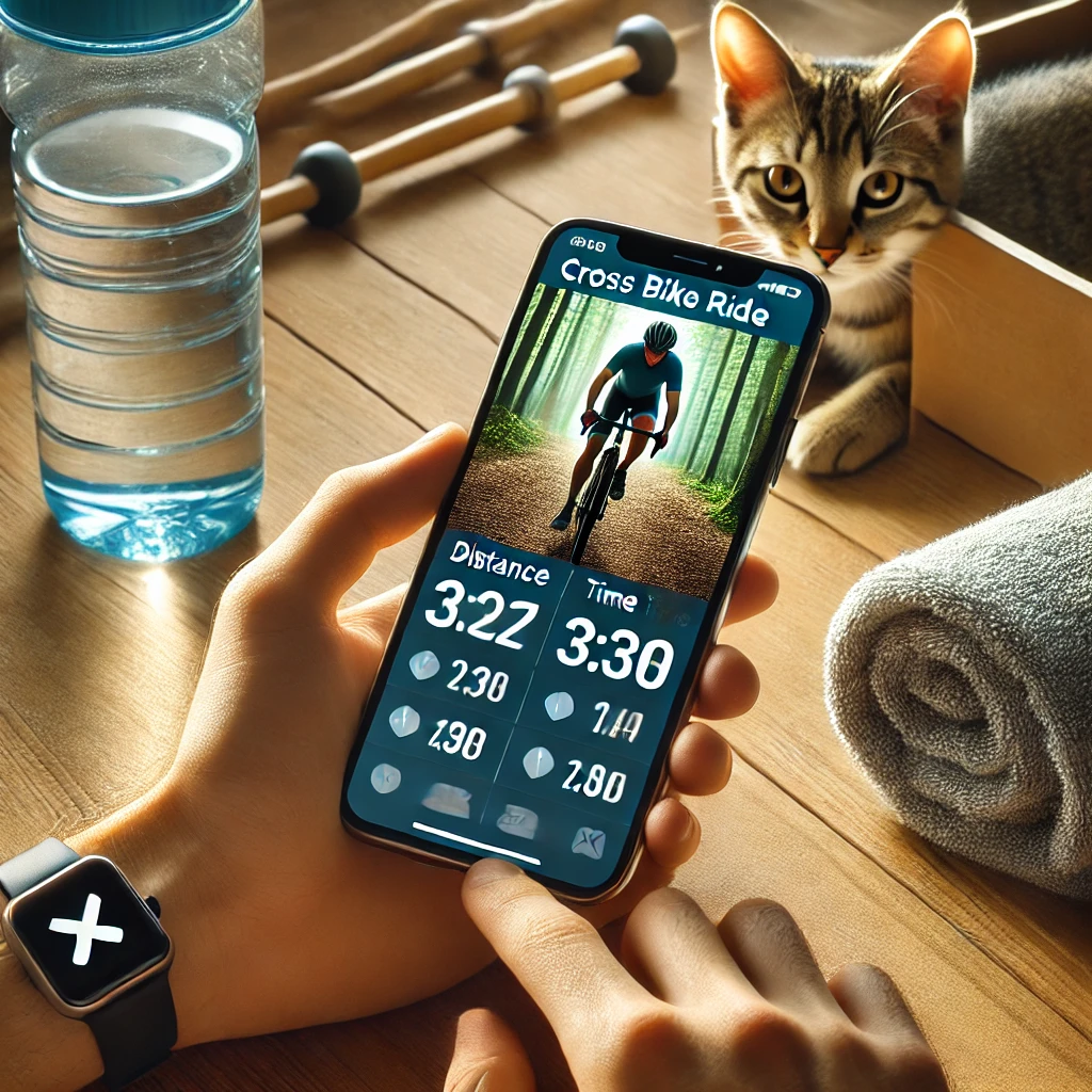 デスク上でスマホに走行記録を表示する様子