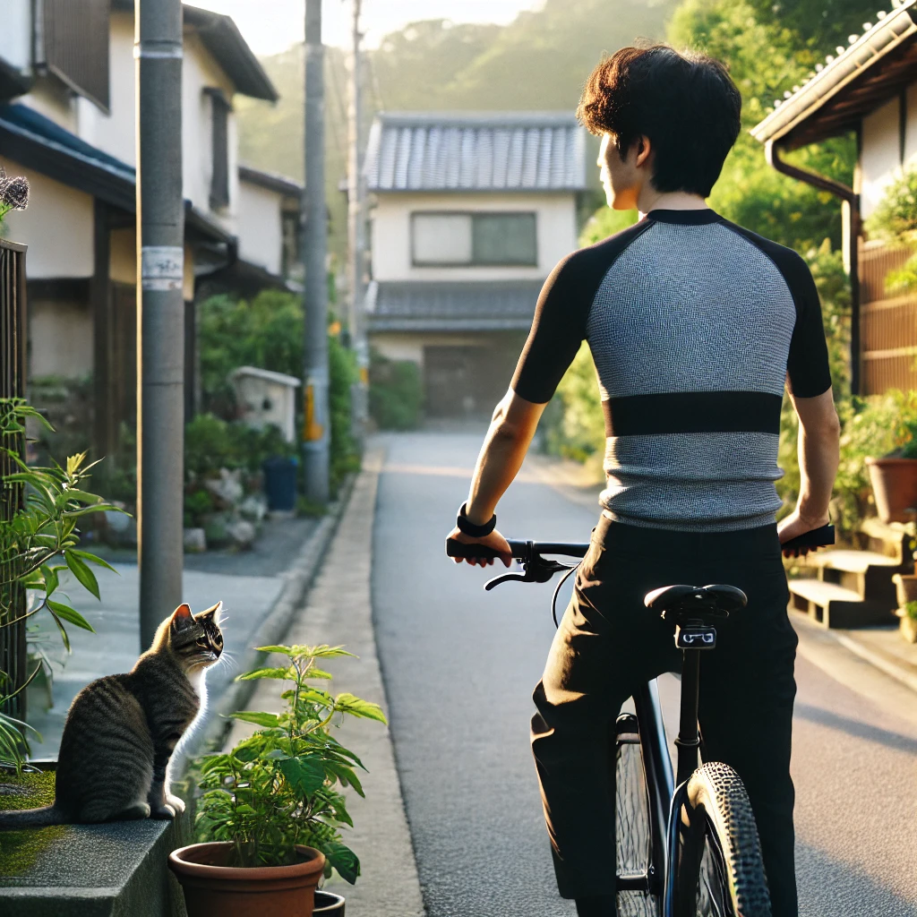 正しい姿勢で自転車に乗る男性の後ろ姿
