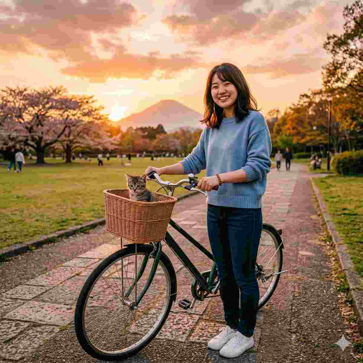 夕暮れ時の美しい公園を背景に、新しい自転車の横で微笑む20代の日本人女性と、前カゴに座る子猫。最高の画質の写真。
