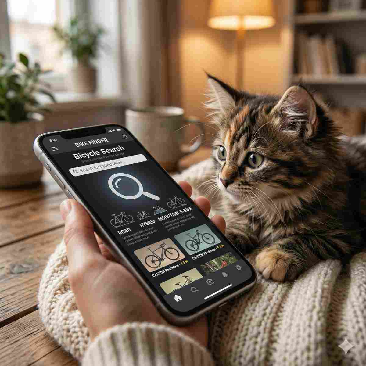 スマートフォンの自転車検索画面と、それを好奇心旺盛に覗き込む可愛い子猫。温かみのある室内光、ロゴなしの高品質な写真。
