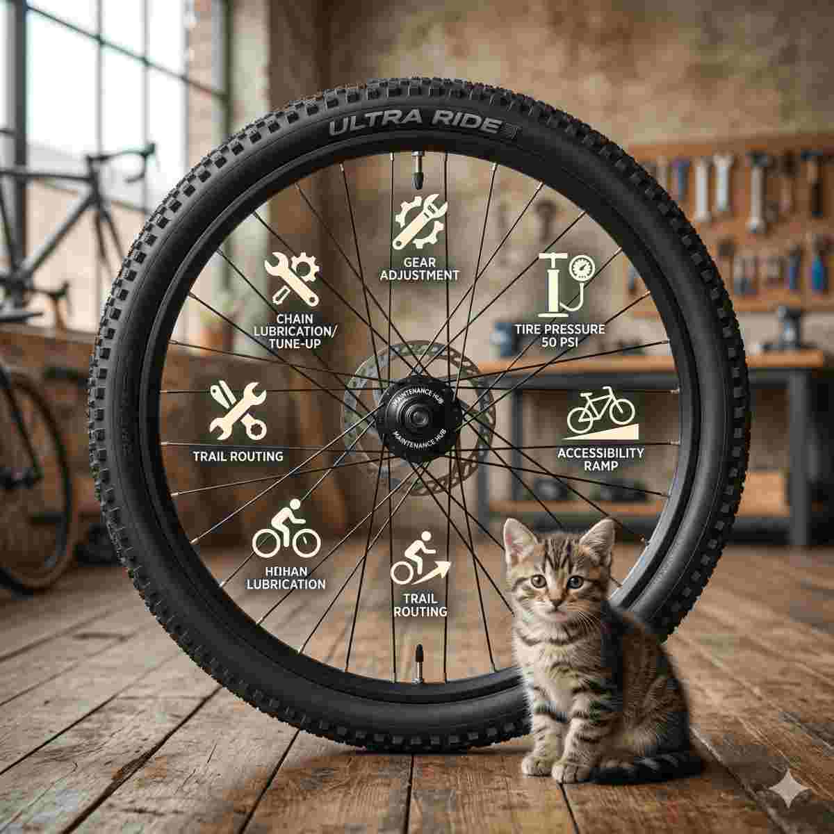 メンテナンスやアクセスの良さを象徴するアイコンを添えた自転車のホイールのアップと、その横に静かに座る子猫。インフォグラフィック要素を含む写真。