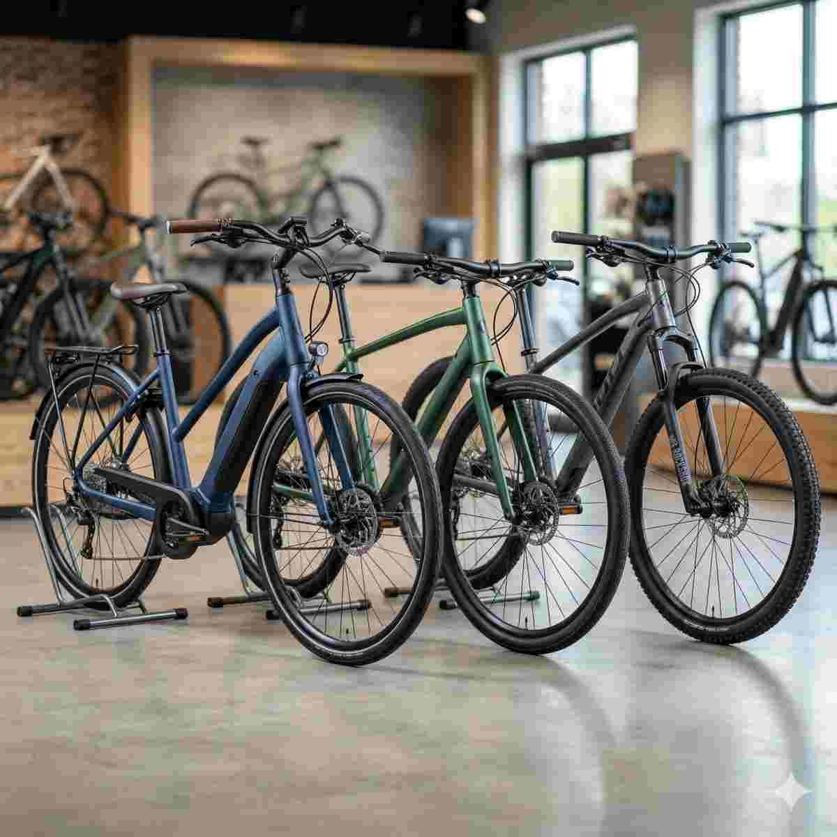 異なるフレーム形状やカラーのクロスバイクが3台並んでいる様子。プロ仕様の照明で照らされたショールームの展示風景。
