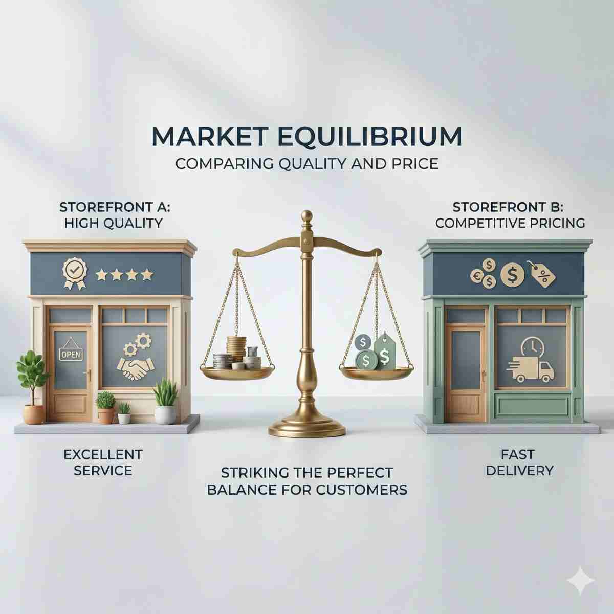2つの店舗を象徴するイラストの間にバランスの取れた天秤を配置した、クリーンなインフォグラフィック。ミニマルなデザイン。
