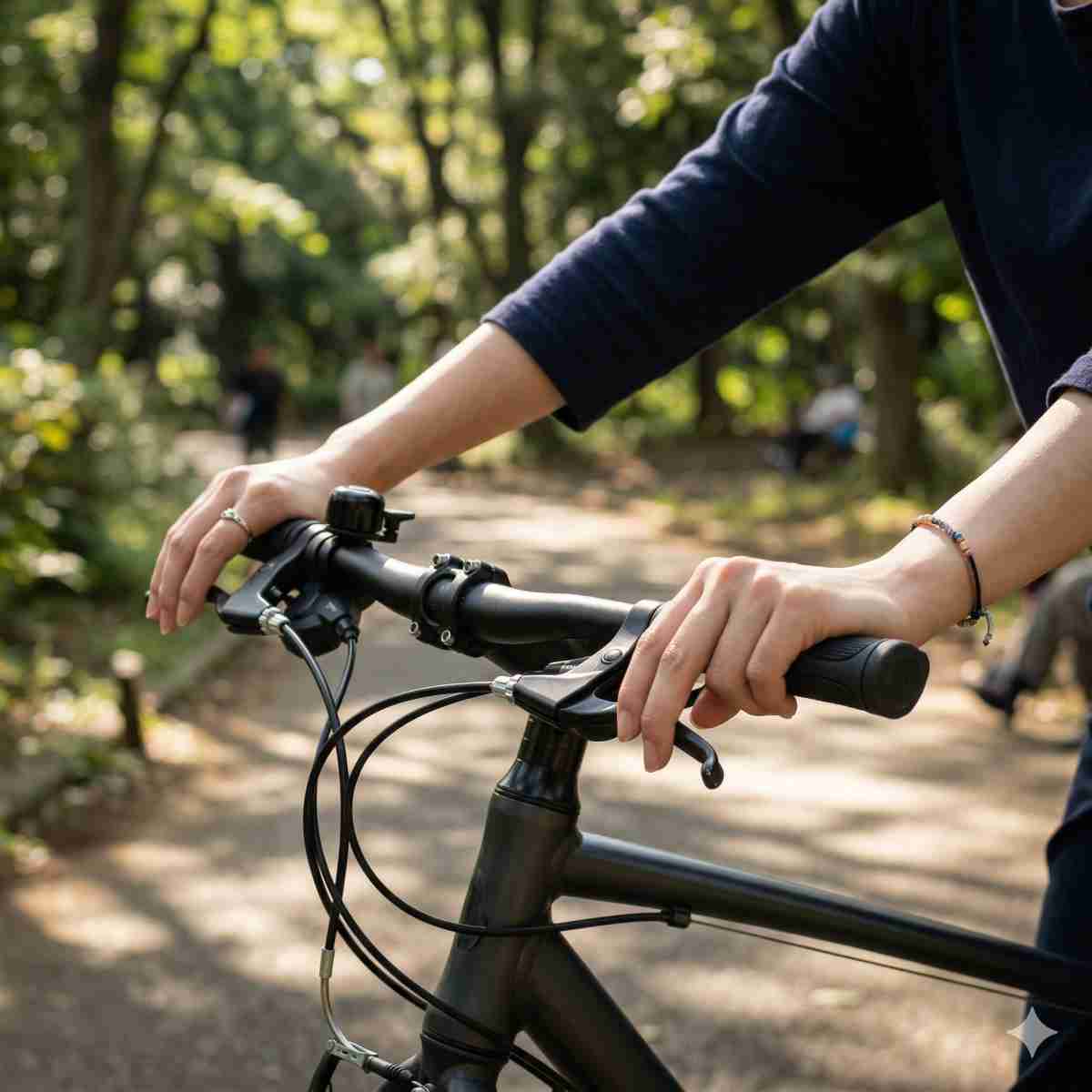 屋外の試乗エリアで、自転車のハンドルを握る20代の日本人女性の手元のアップ。木漏れ日が差し込む爽やかな風景。
