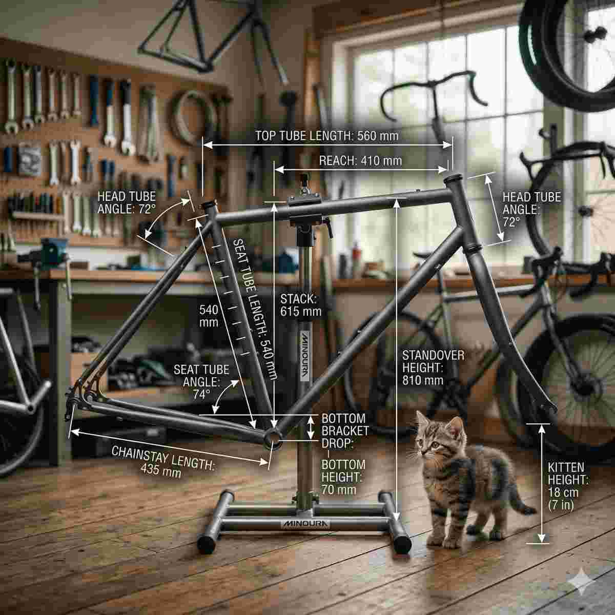 サイズ測定のラインや指標が表示された自転車フレームのインフォグラフィックと、サイズ比較のように横に立つ子猫。
