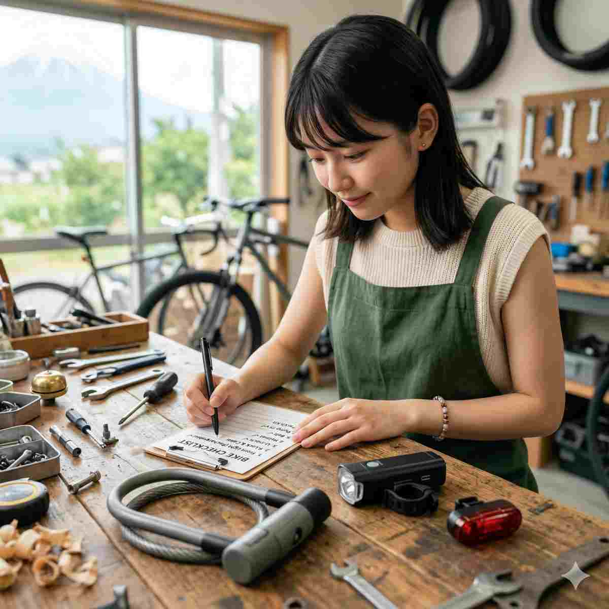 ワークベンチに置かれた鍵やライトなどのアクセサリーと、チェックリストを確認する20代の日本人女性の横顔。