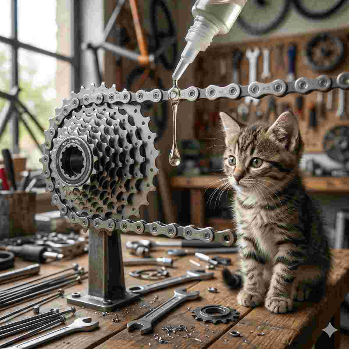 オイルが差された清潔な自転車のチェーンとギアのアップ。それを少し離れたところから熱心に見つめる子猫がいる作業場の風景。
