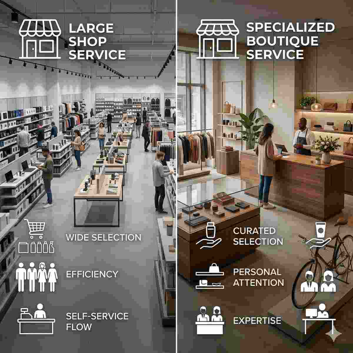 大型店と専門店それぞれのサービス環境の違いを表現した分割画面スタイルのインフォグラフィック。ミニマルなアイコンデザイン。
