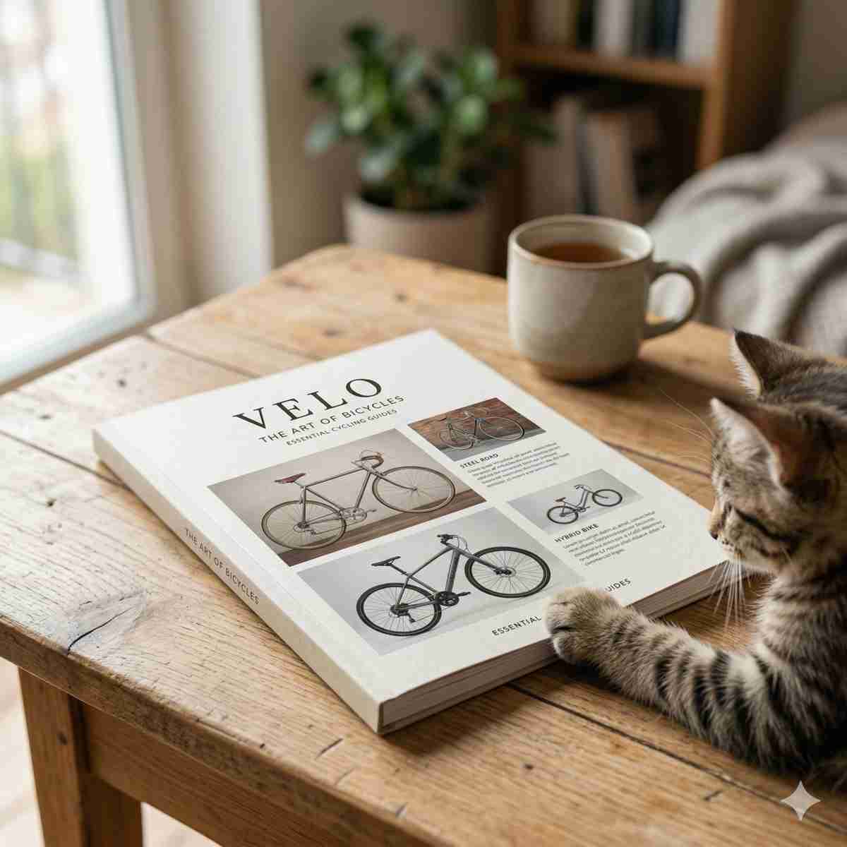 自転車のカタログが置かれたミニマルな木のテーブルと、その角に置かれた子猫の可愛い前足。柔らかい照明の高品質な写真。
