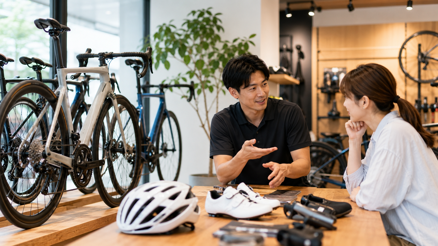 競技用自転車の選び方を専門店スタッフに相談する初心者