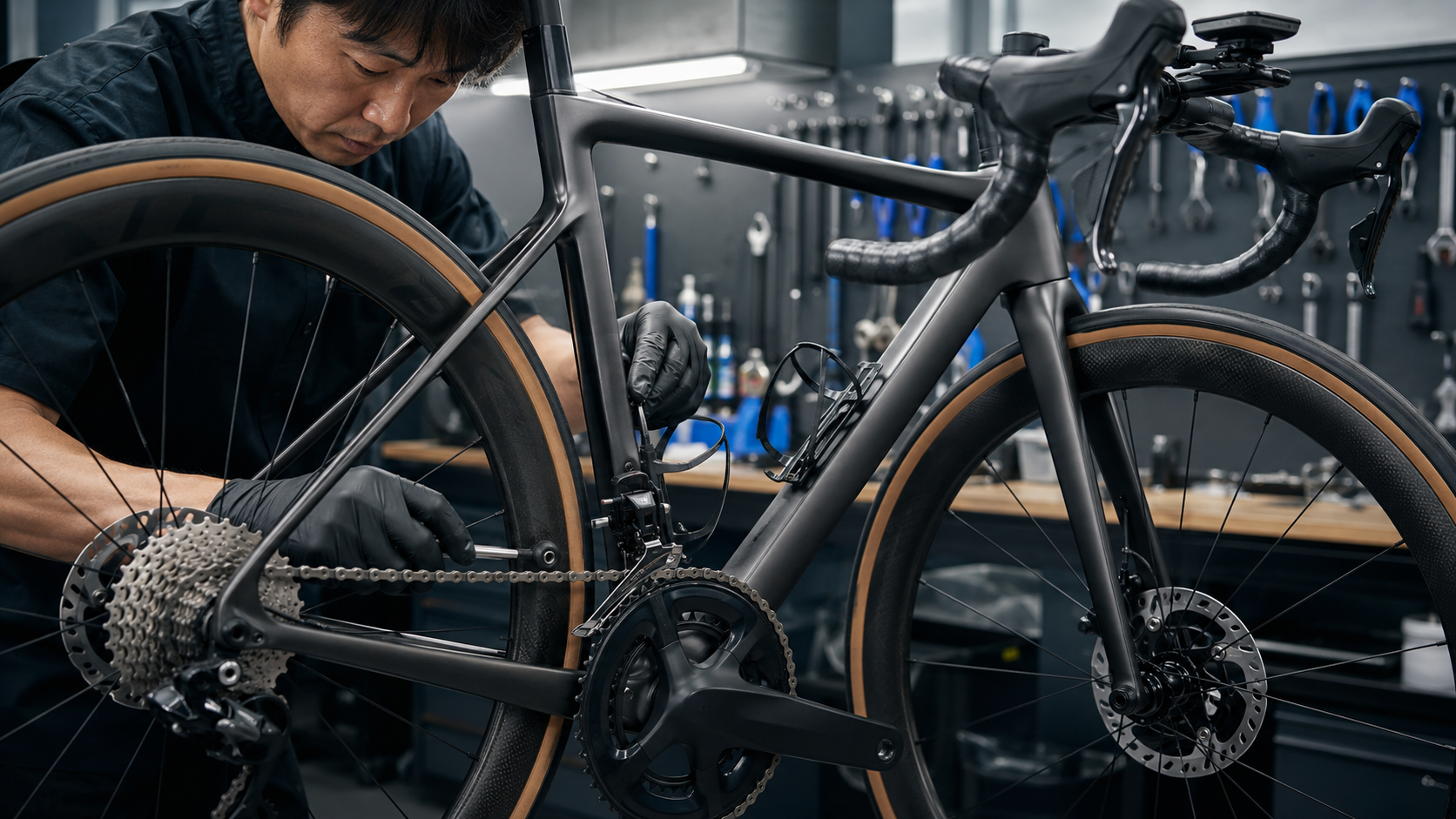 競技用ロードバイクのギアやディスクブレーキを整備する自転車整備士