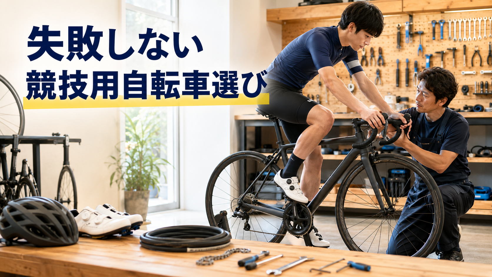 専門店で競技用自転車のサイズと整備環境を確認する初心者サイクリスト