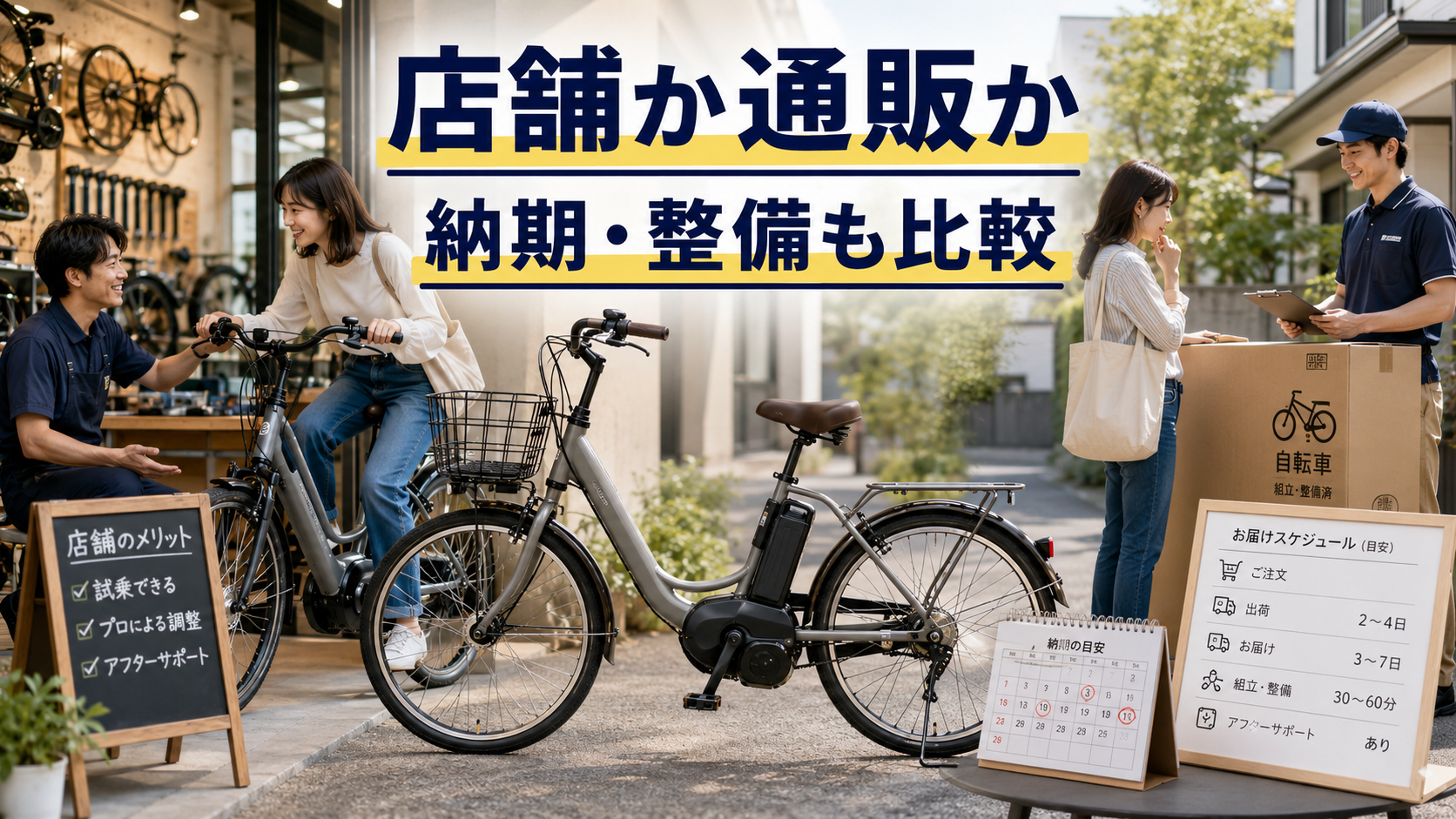 電動アシスト自転車を店舗購入と通販購入で比較する画像