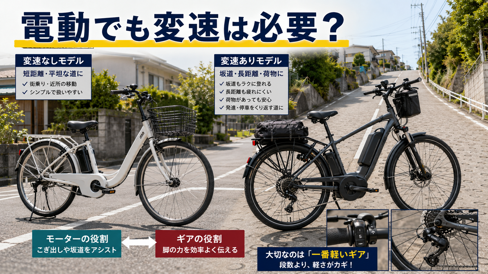 平地と坂道で電動アシスト自転車の変速の必要性を比較するイメージ