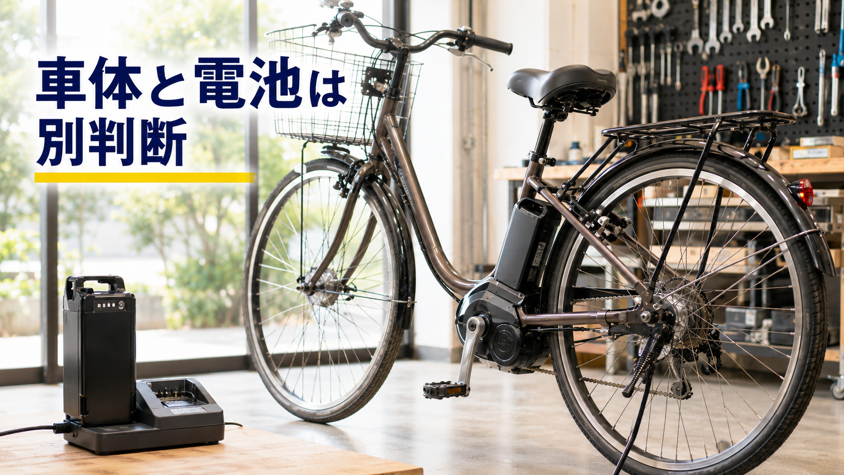 電動アシスト自転車の車体とバッテリーを別々に点検する様子
